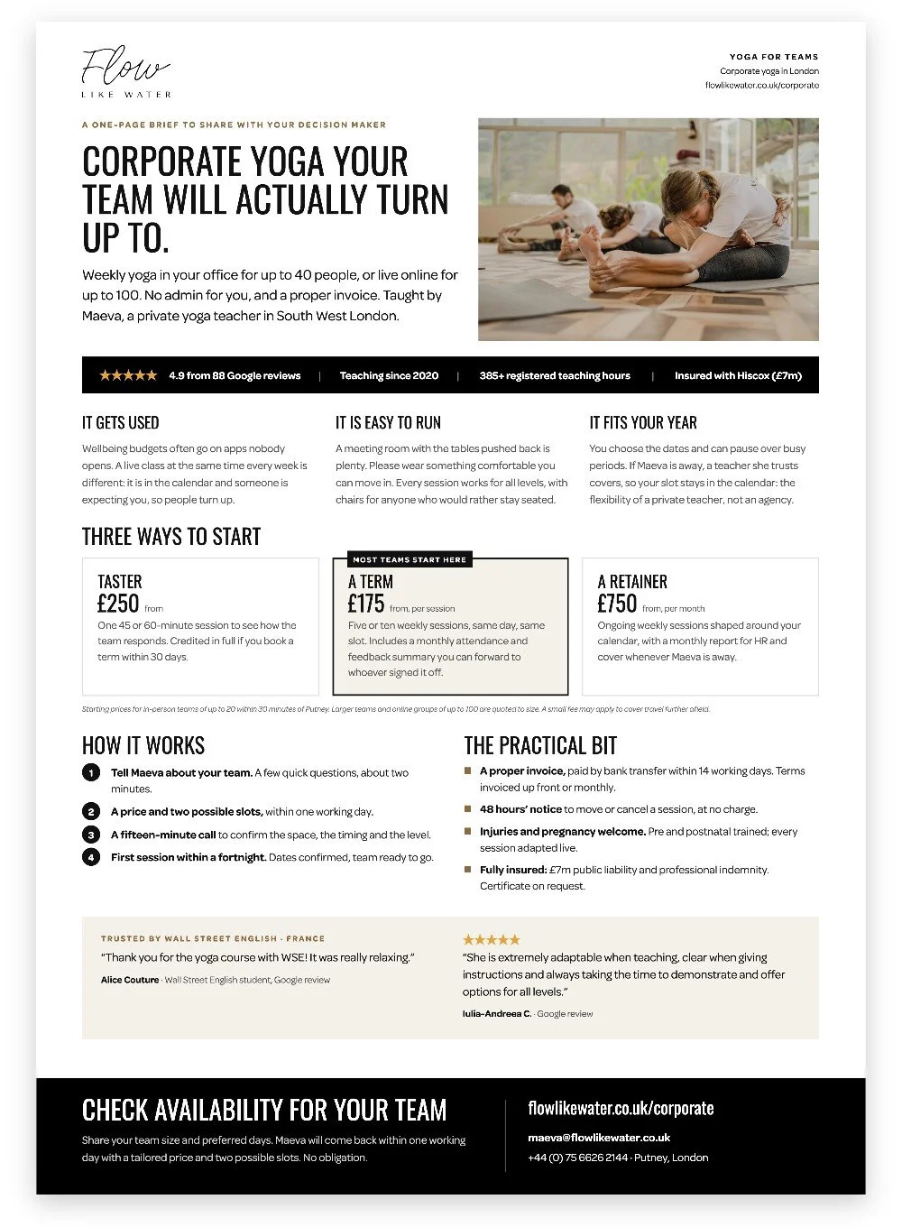 Preview of the Flow Like Water corporate yoga one-pager (PDF): prices, how it works and practical details for teams in London