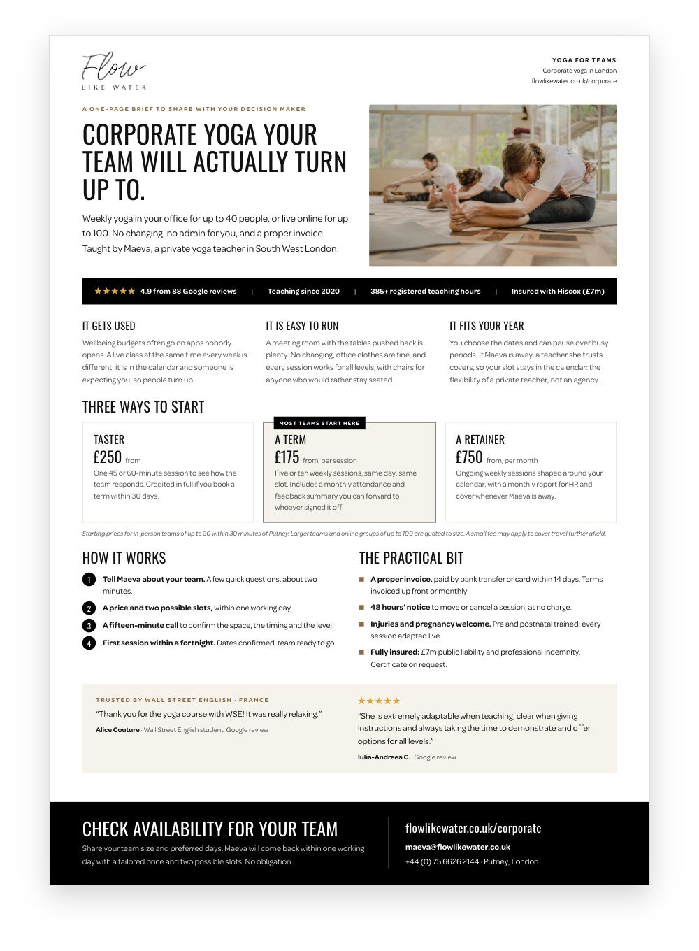 Preview of the Flow Like Water corporate yoga one-pager (PDF): prices, how it works and practical details for teams in London