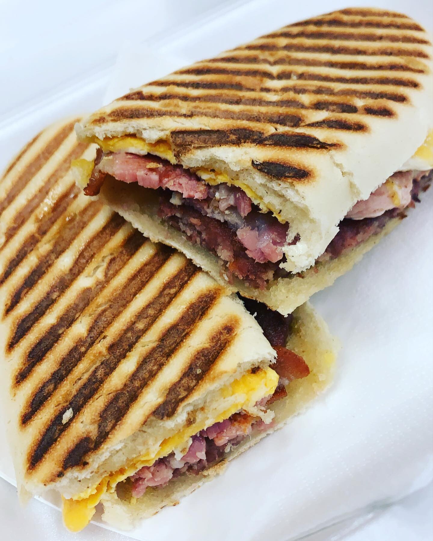 #breakfastpanini #bacon #egg #sausage #cheese #panini #bakersandmorebalfron