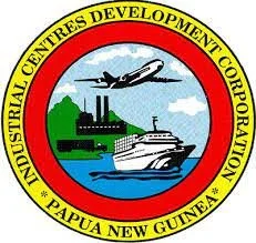 Seal of the Industrial Centres Development Corporation, Papua New Guinea, featuring an airplane, a factory, and a ship.