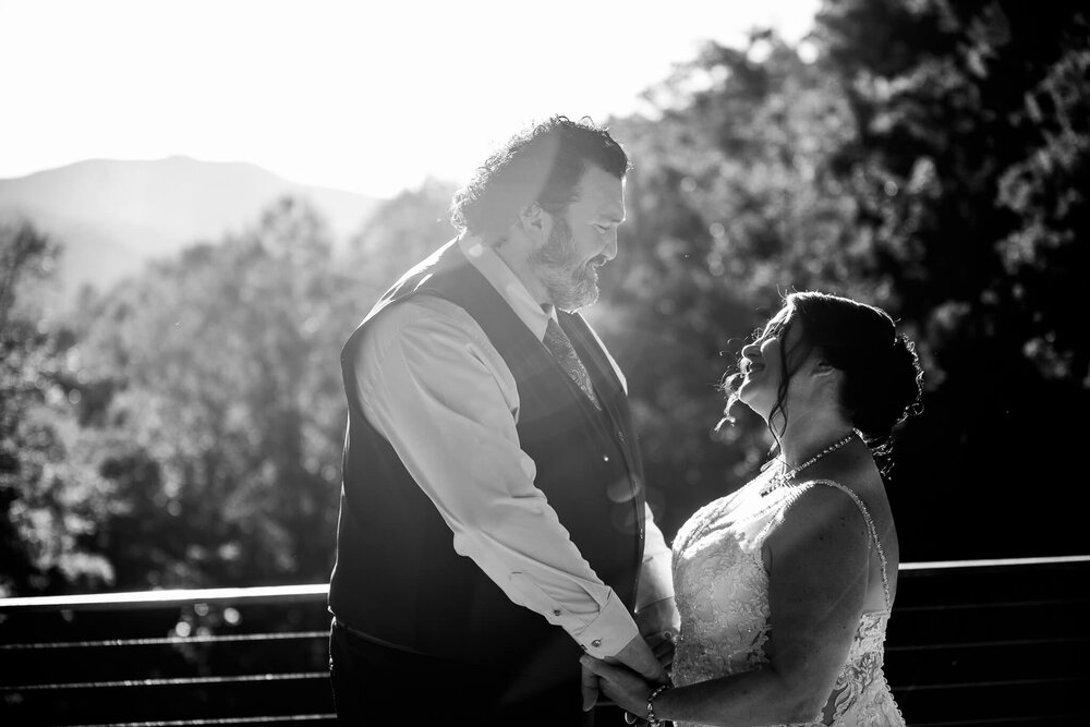 Groom looking lovingly at his bride photographed by Asheville wedding photographer Nick Levine Photography