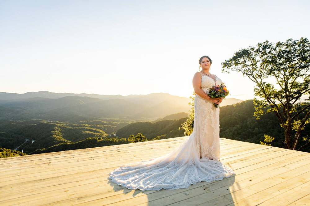 Bridal Portrait in the setting sun atop The Parker Mill's intimate elopement ceremony site in Whittier, North Carolina