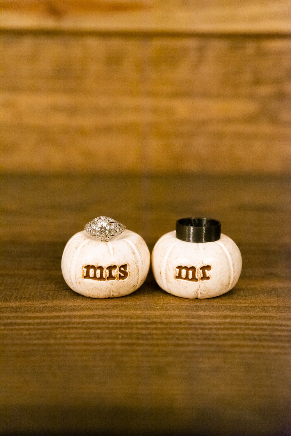 Wedding rings on top of mrs. and mr. mini pumpkins taken by Asheville wedding photographer Nick Levine Photography