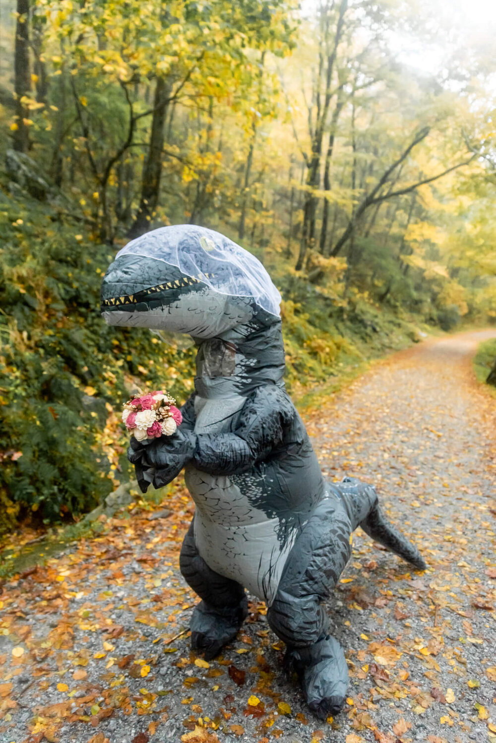 Bride in an inflatable dinosaur costumer with bouquet in asheville, nc mountains