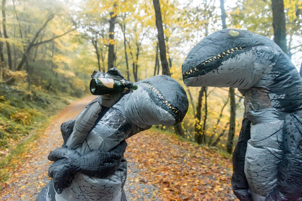 bride in dinosaur costume drinking champagne from the bottle during their elopement in the mountains
