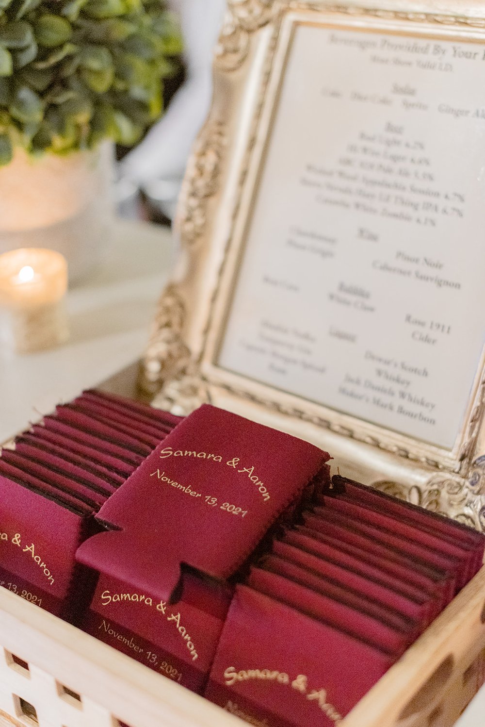 wedding koozies maroon and gold lettering fancy