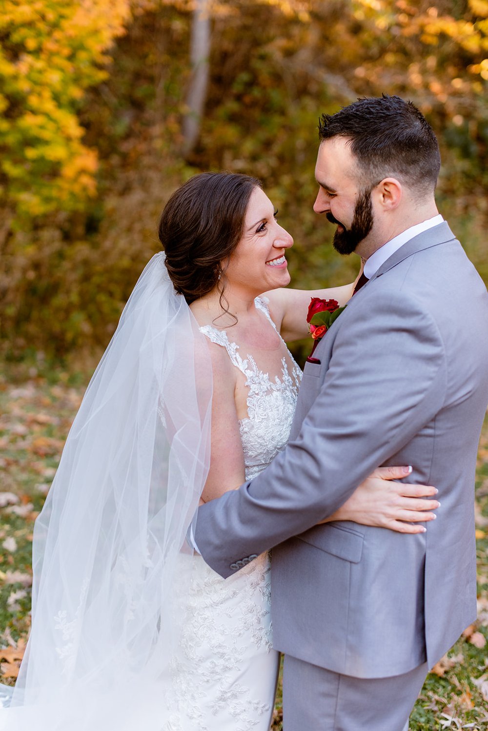 bride and groom formal outside in asheville nc during fall