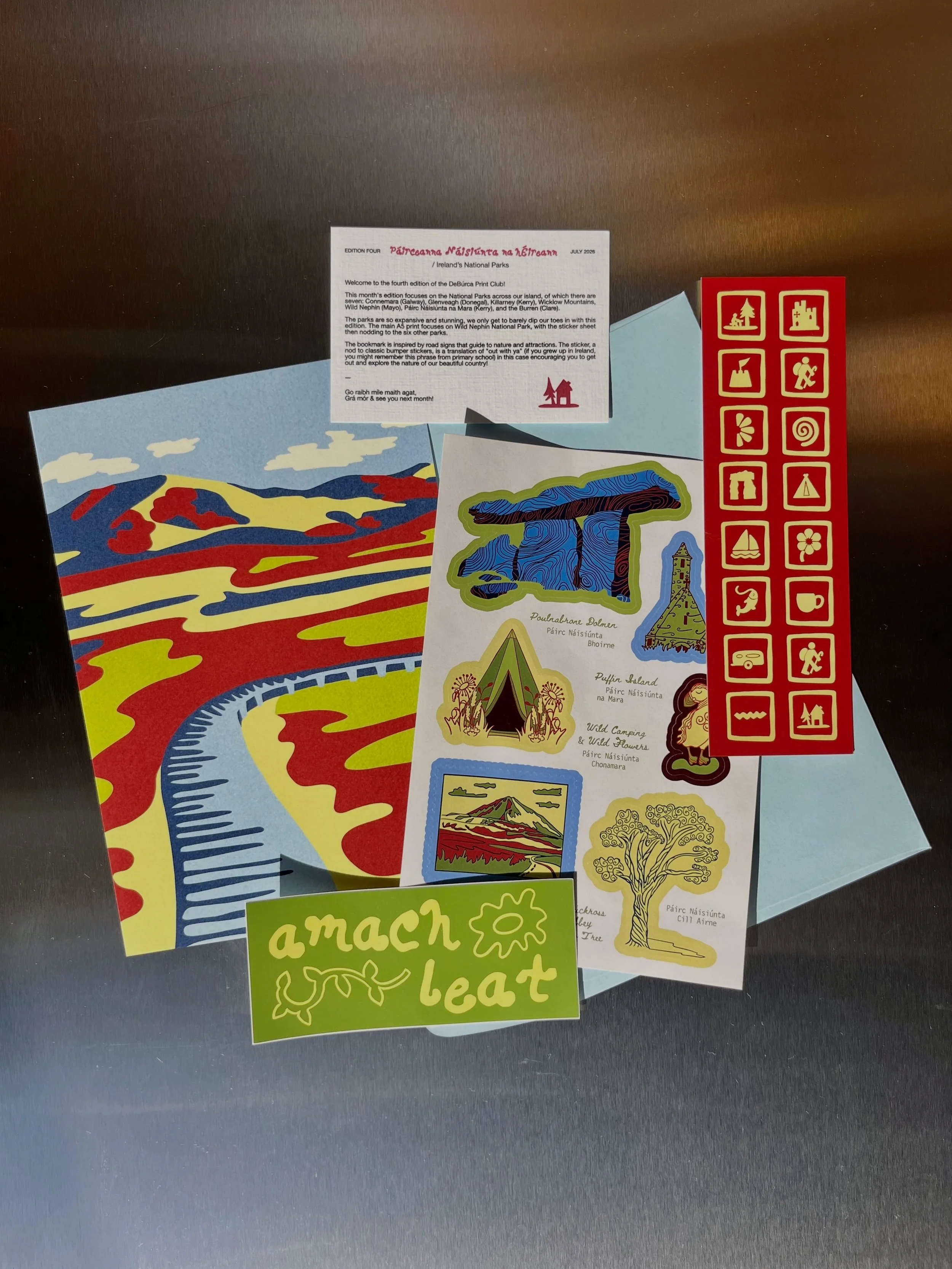 July print club is here ⭐️🗻🌀 !! This months theme is Ireland&rsquo;s National Parks 🌳🌳 has been so fun to dive into all seven of these stunning parks, with a main fine art print of Wild Nephin, a sticker sheet, a bookmark and a bumper inspired st