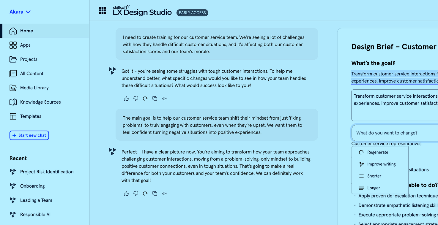 Thumbnail showing the LX Design Studio platform with a left sidebar of project and content options, a main chat about handling difficult customer interactions, and a right panel with a Design Brief and customization options.