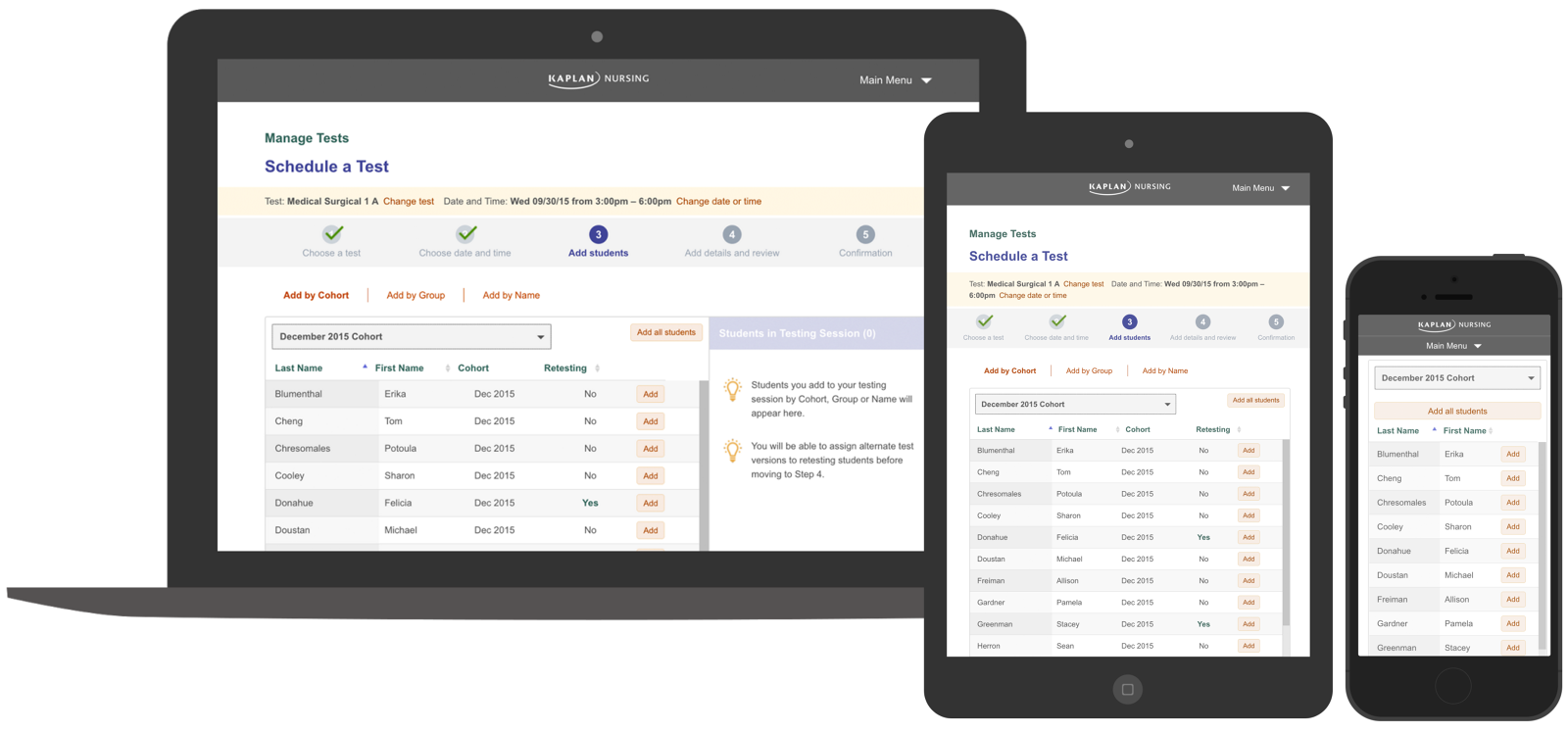 Screenshots of the Kaplan Nursing online test management platform displayed on a laptop, tablet, and smartphone, showing options to schedule test dates, add students by cohort or group, and manage testing sessions.