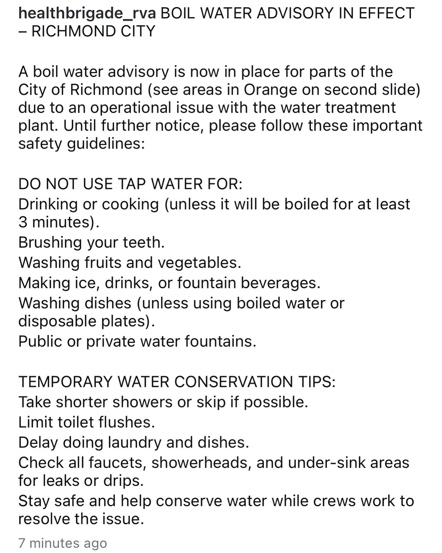 Some important tips from @healthbrigade_rva while we are under a boil water advisory. #rva