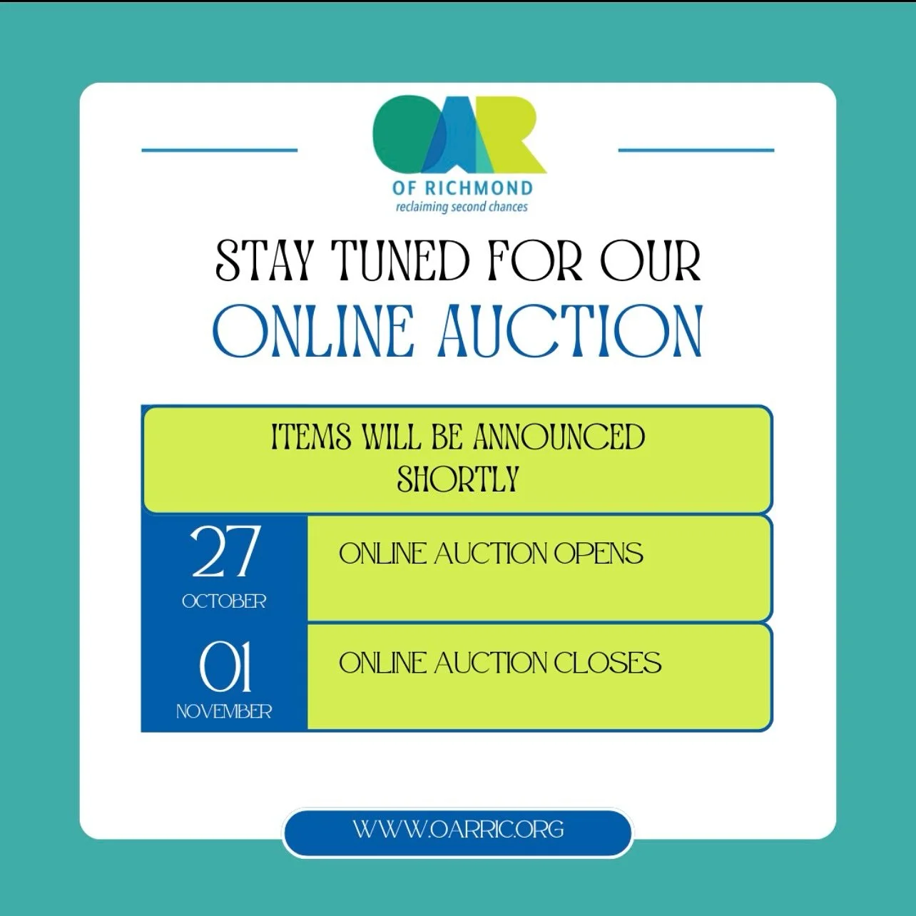 We’re excited to announce that OAR of Richmond’s Online Auction will open on October 27! Stay tuned for more details on featured items and bidding information.
#RVA
