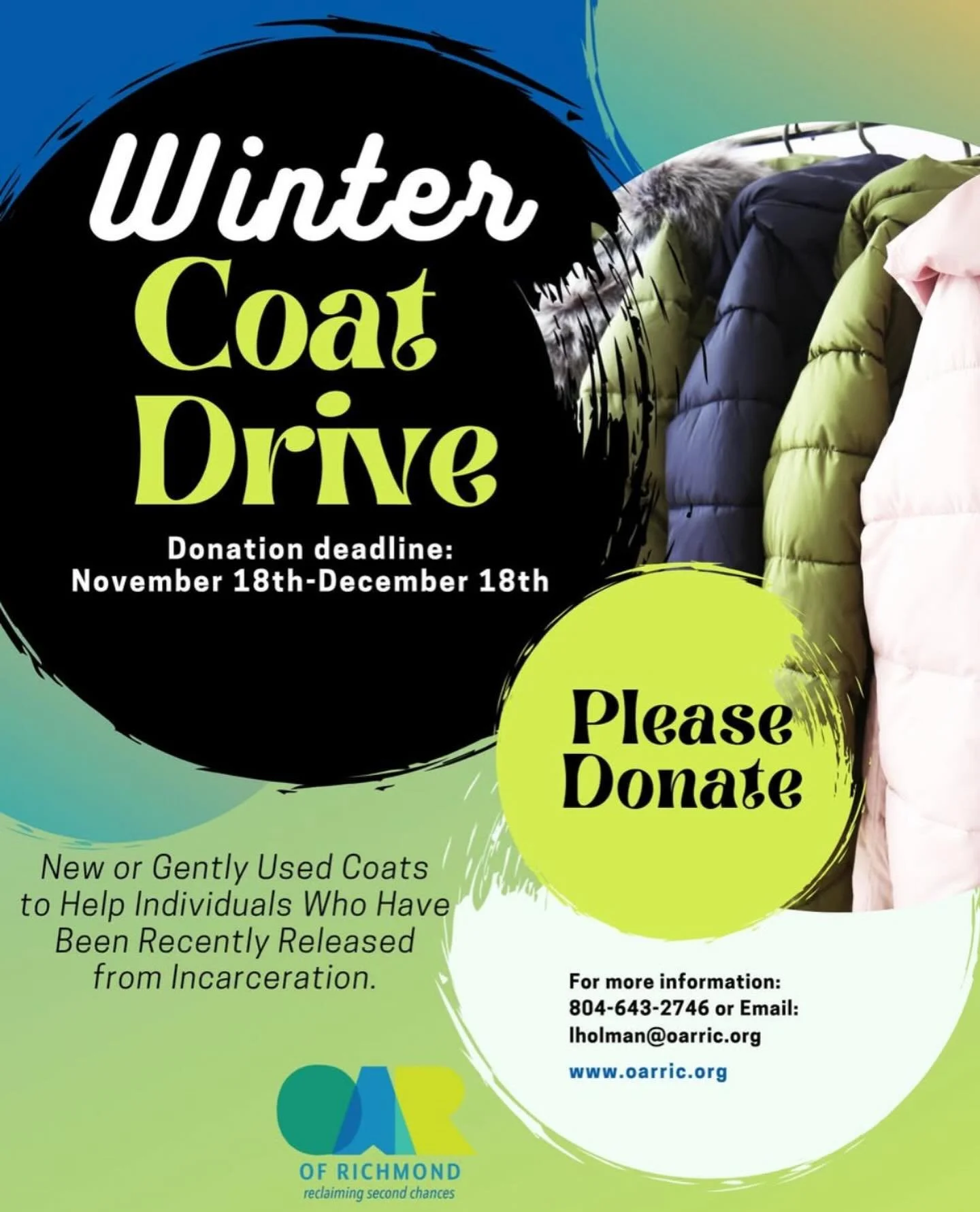 It might be nice today but it&rsquo;s about to get colder! Please donate your clean gently used adult coats to OAR! #rva #reentrymatters