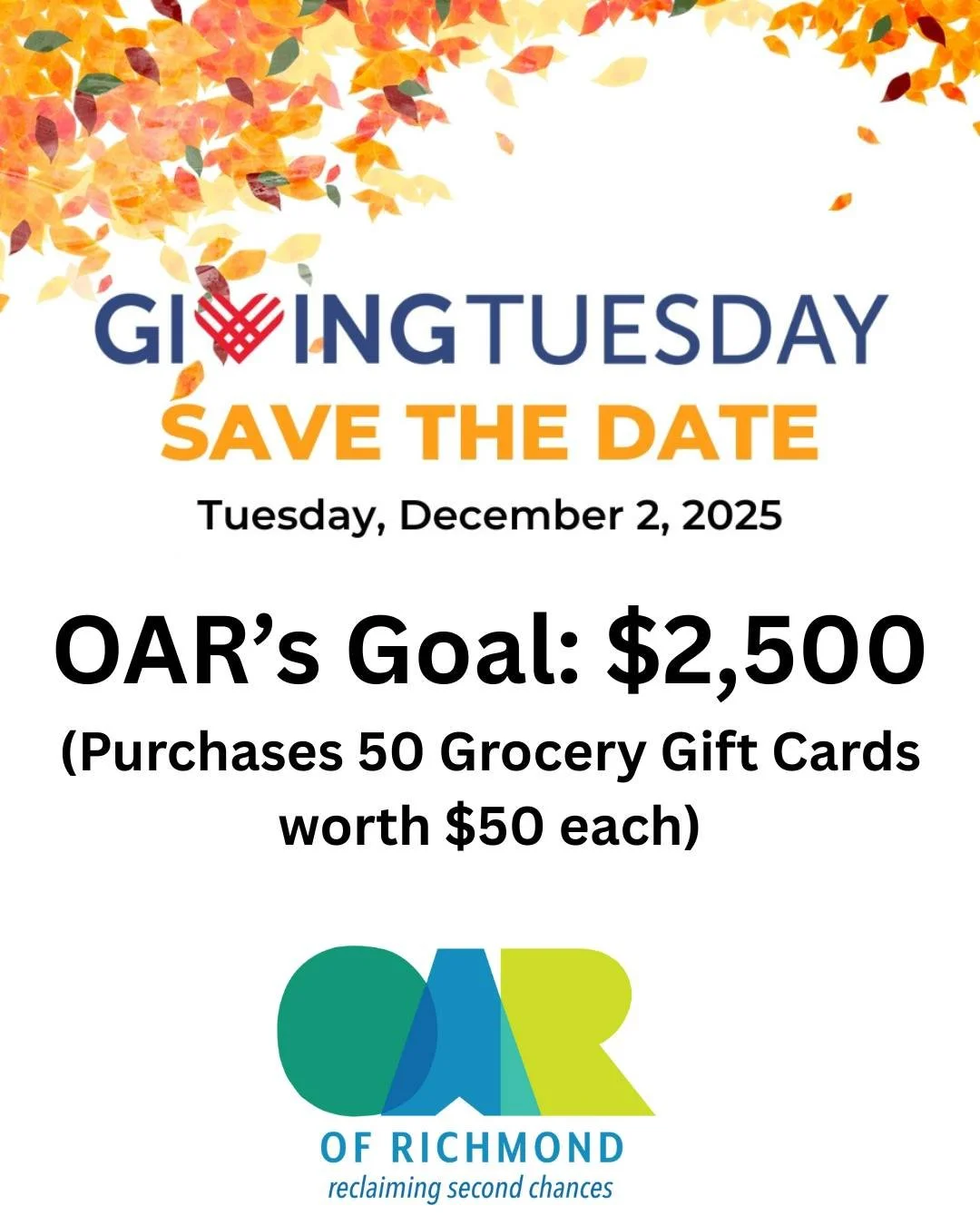 Shopping this weekend?  Don't forget, Giving Tuesday is just a few days away and OAR's goal is $2,500.  Please support OAR with donations for Grocery Gift Cards.  #rva #reentrymatters #givingtuesday