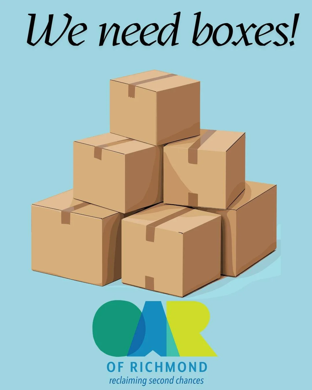 With an upcoming move in the works, we are busy cleaning out and packing up.  One way that our community can help us is by donating boxes.  If you have extra boxes, please bring them by OAR, Monday-Thursday between 8:30 a.m. and 12:00 p.m. and 1:00 p