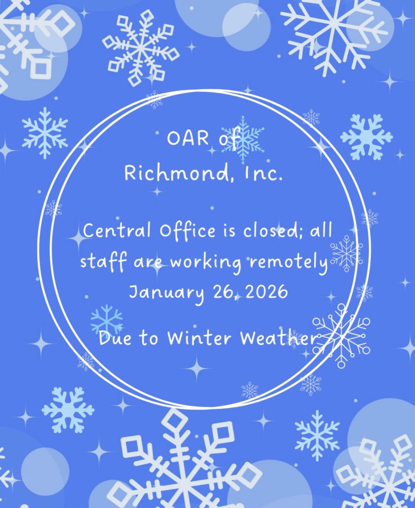 OAR staff will be working remotely on Monday, Jan. 26 due to winter weather. Call our main line at 804-643-2746 for assistance. #rva #reentrymatters ❄️🌨️