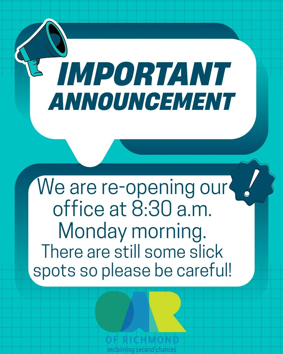 We will re-open our Central Office tomorrow at 8:30 a.m.  Please be careful coming to the office as there are still icy patches.  #rva #ReentryMatters