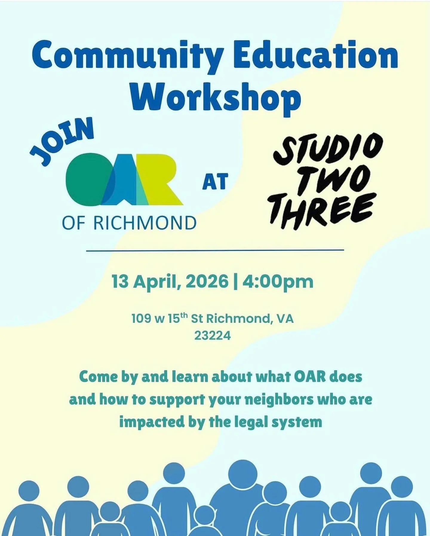 Don&rsquo;t forget to join us today at 4:00 at Studio Two Three and learn more about OAR and how to get involved! #rva #reentrymatters