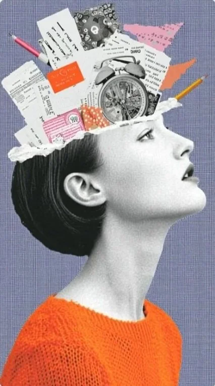 IDEATION at its finest: a woman with short black hair wearing an orange sweater, with her head cut open to reveal items like receipts, a clock, paper, and stationery inside her head, symbolizing thoughts or ideas.