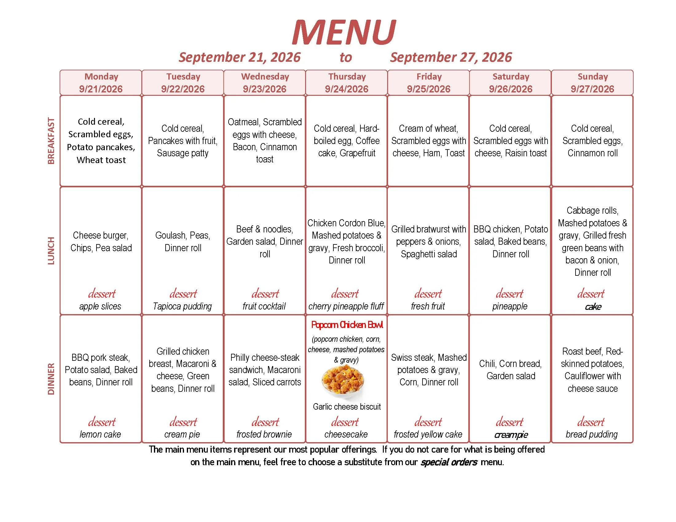 Menu: September 21 - 27