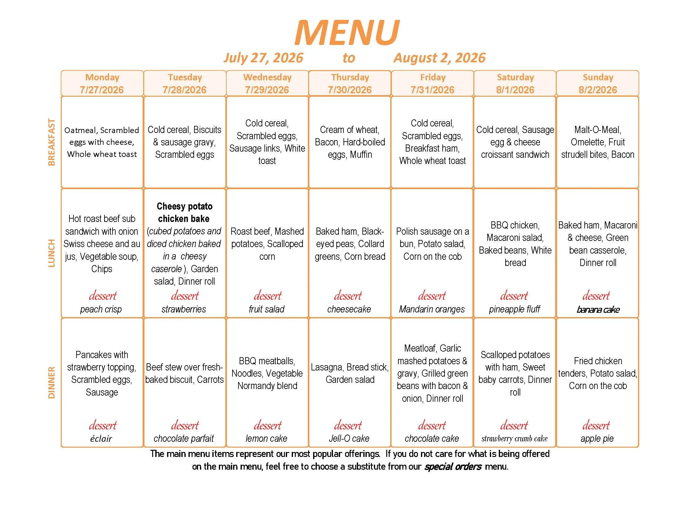 Menu: July 27 - August 2