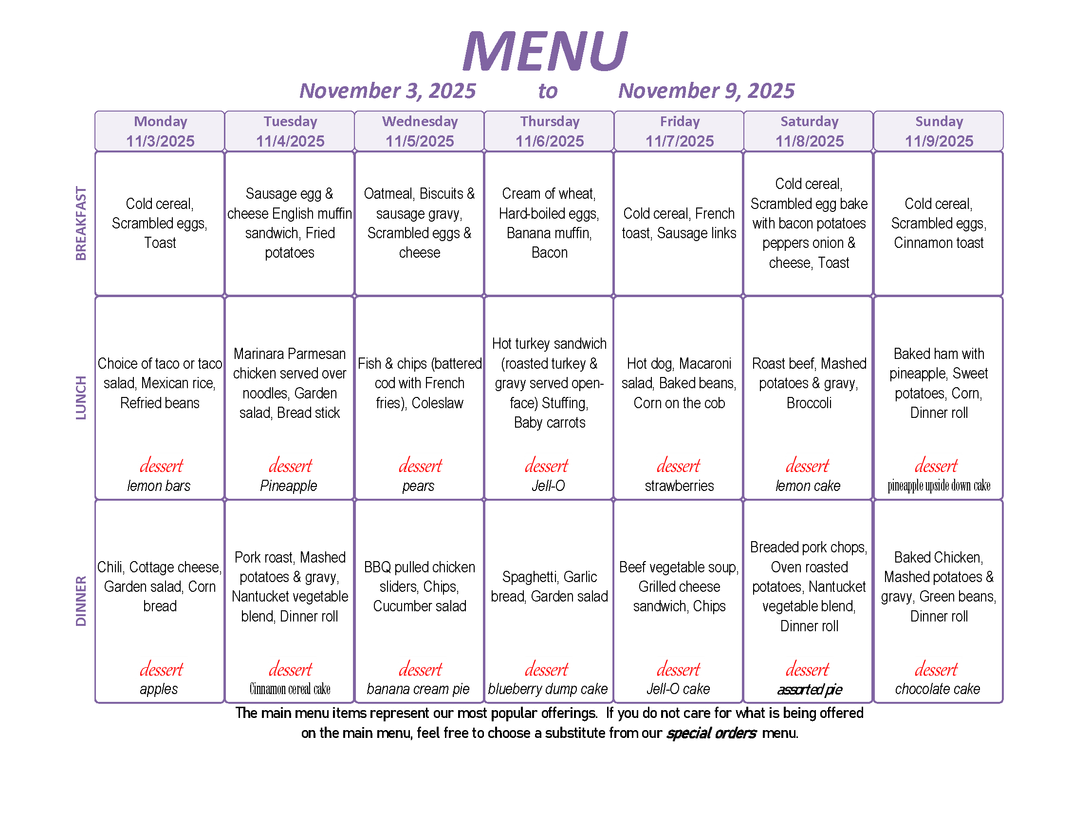 Menu: November 3 - 9