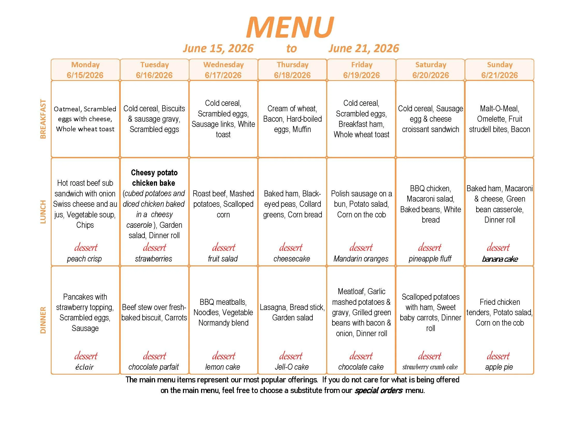 Menu: June 15 - 21