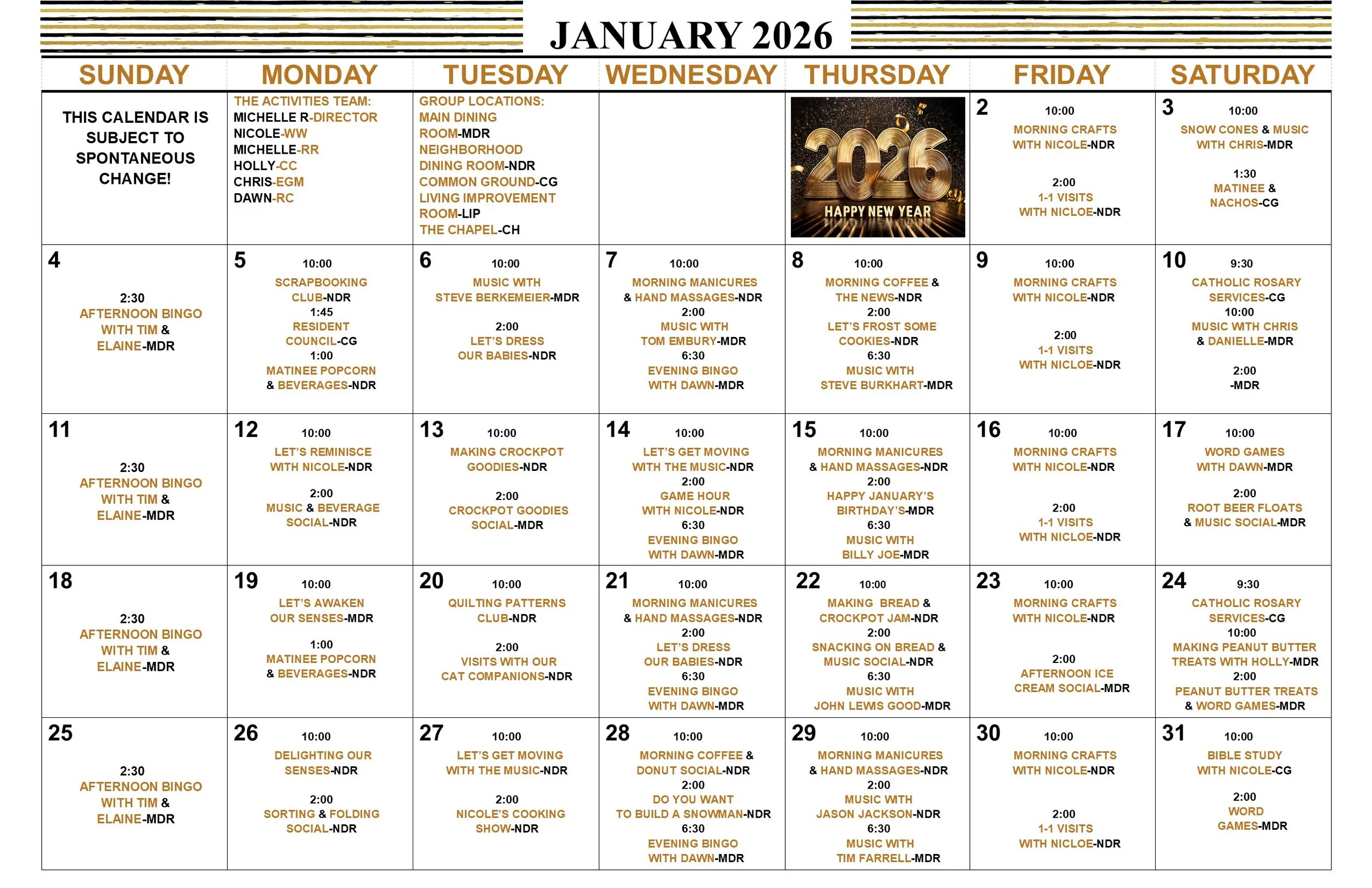 January 2026: Calendar for our Residents of Whispering Willows (Unit 1)