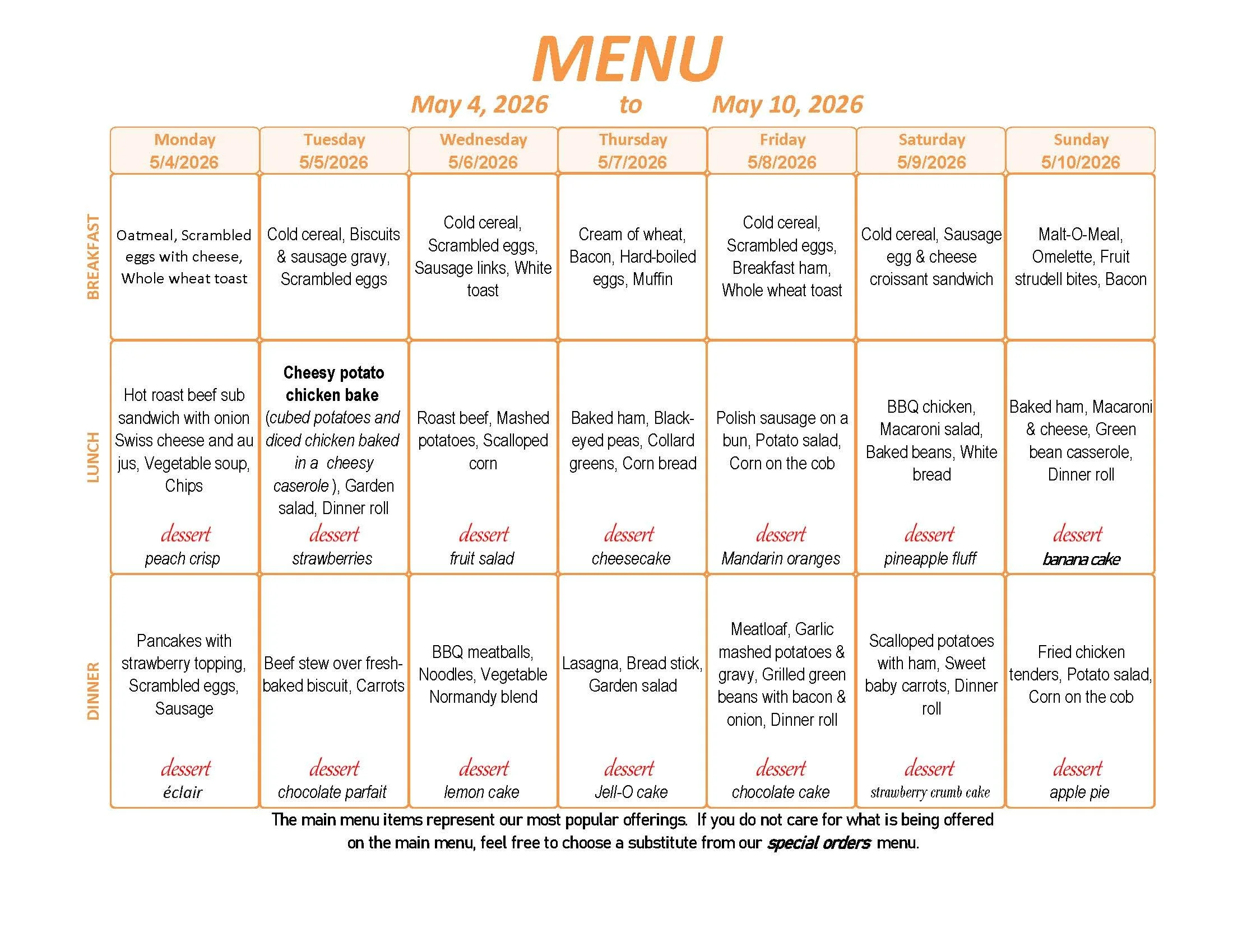 Menu: May 4 - 10