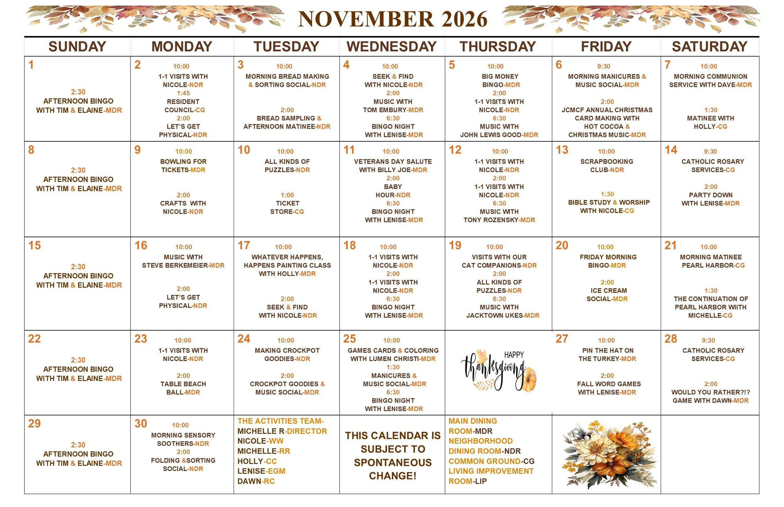 November 2026: Calendar for our Residents of Whispering Willows