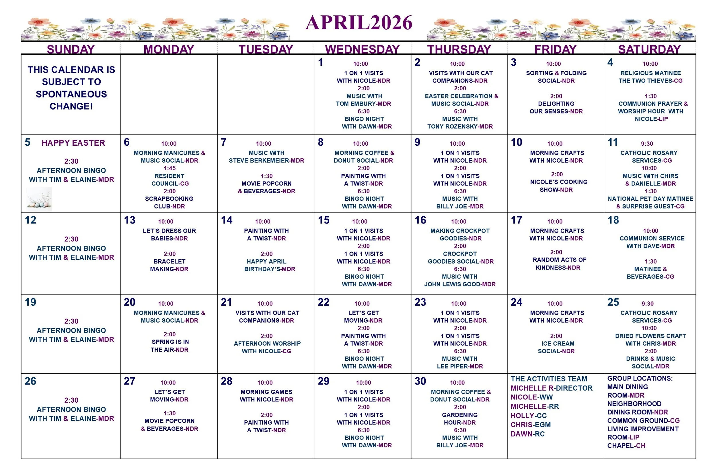 April 2026: Calendar for our Residents of Whispering Willows