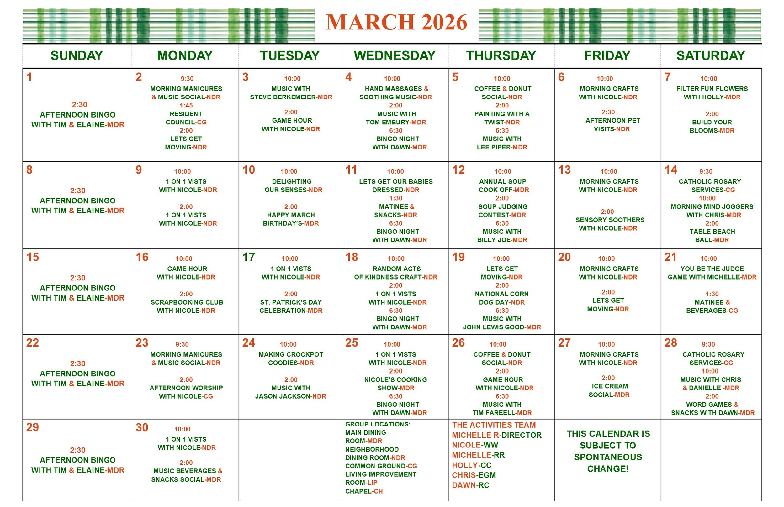 March 2026: Calendar for our Residents of Whispering Willows
