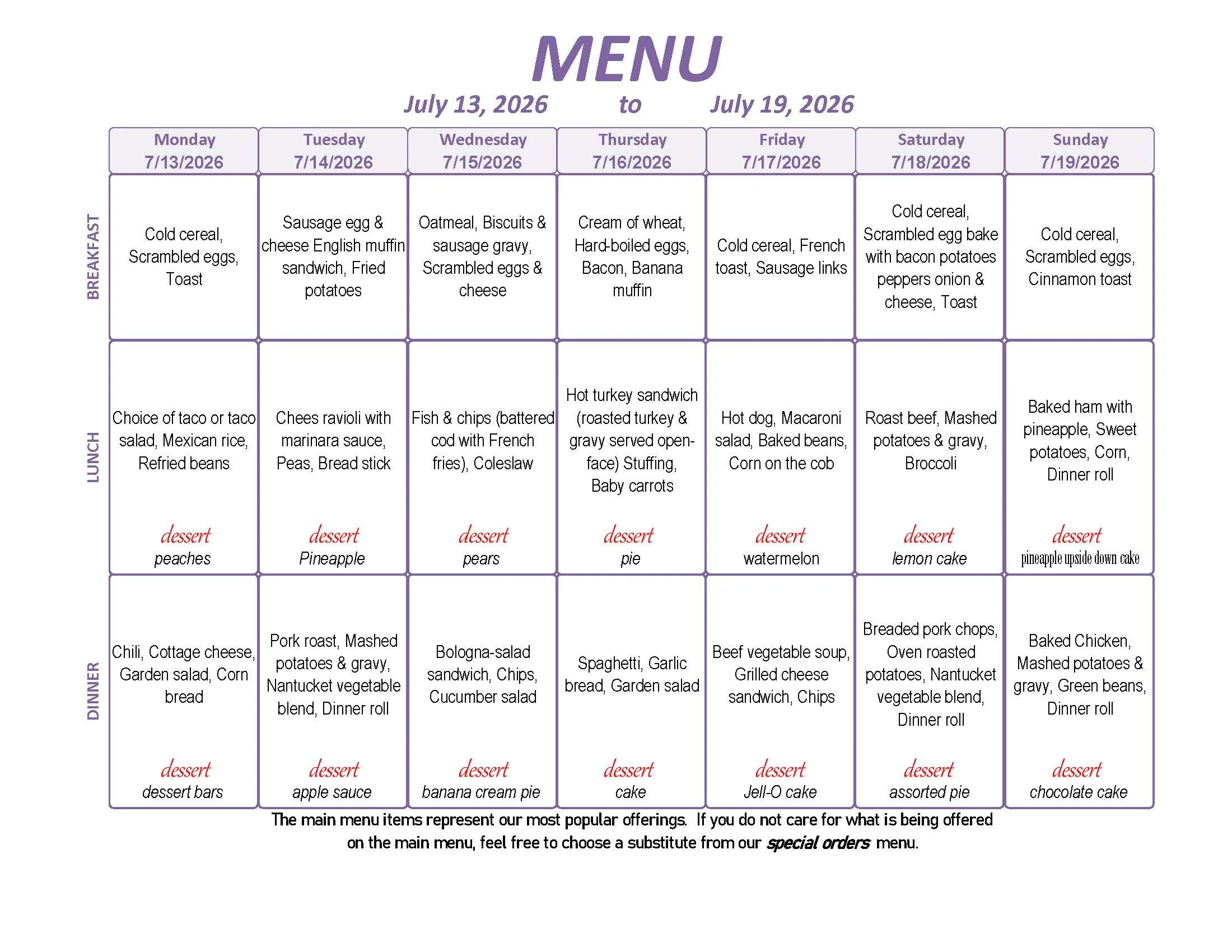 Menu: July 13 - 19