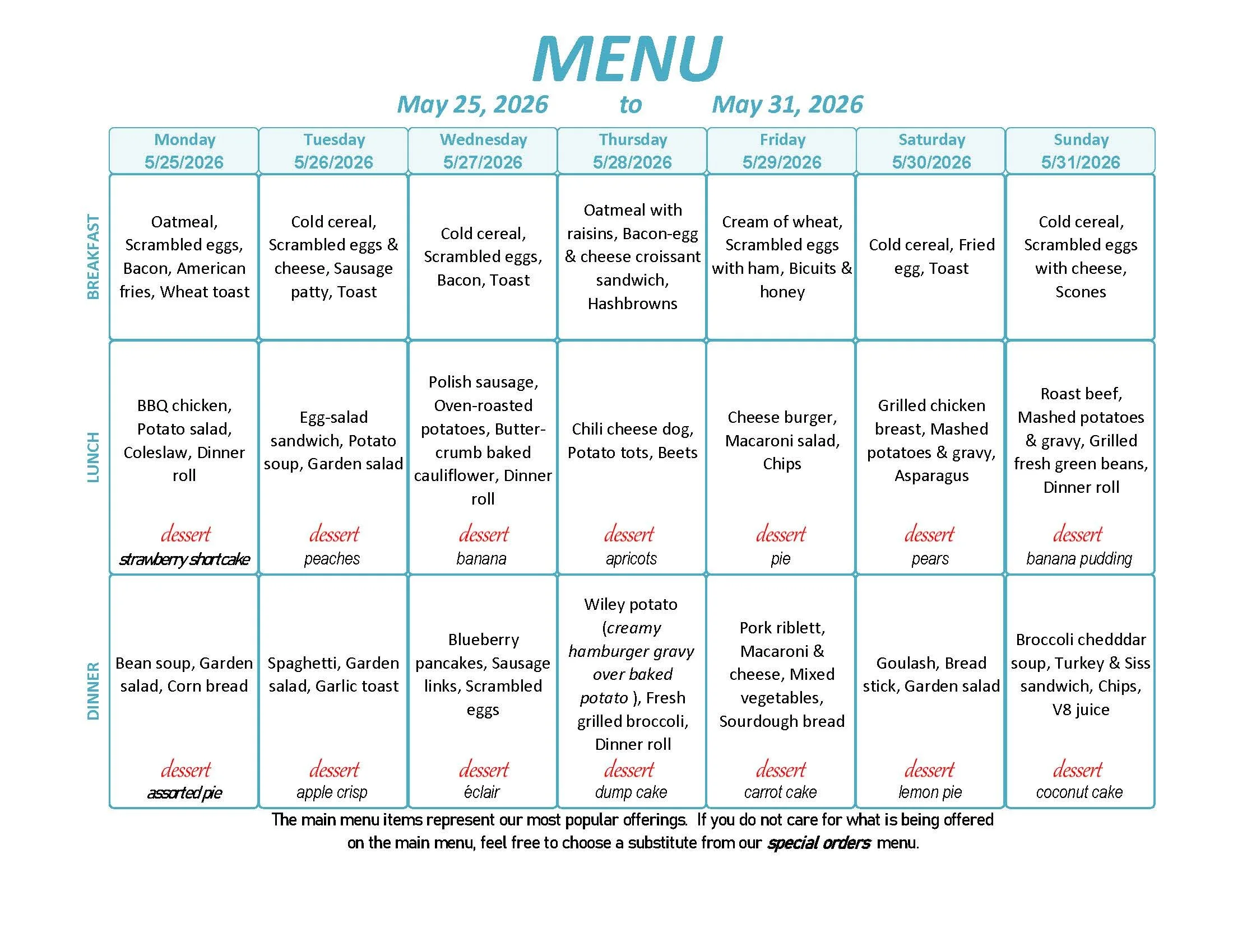 Menu: May 25 - 31