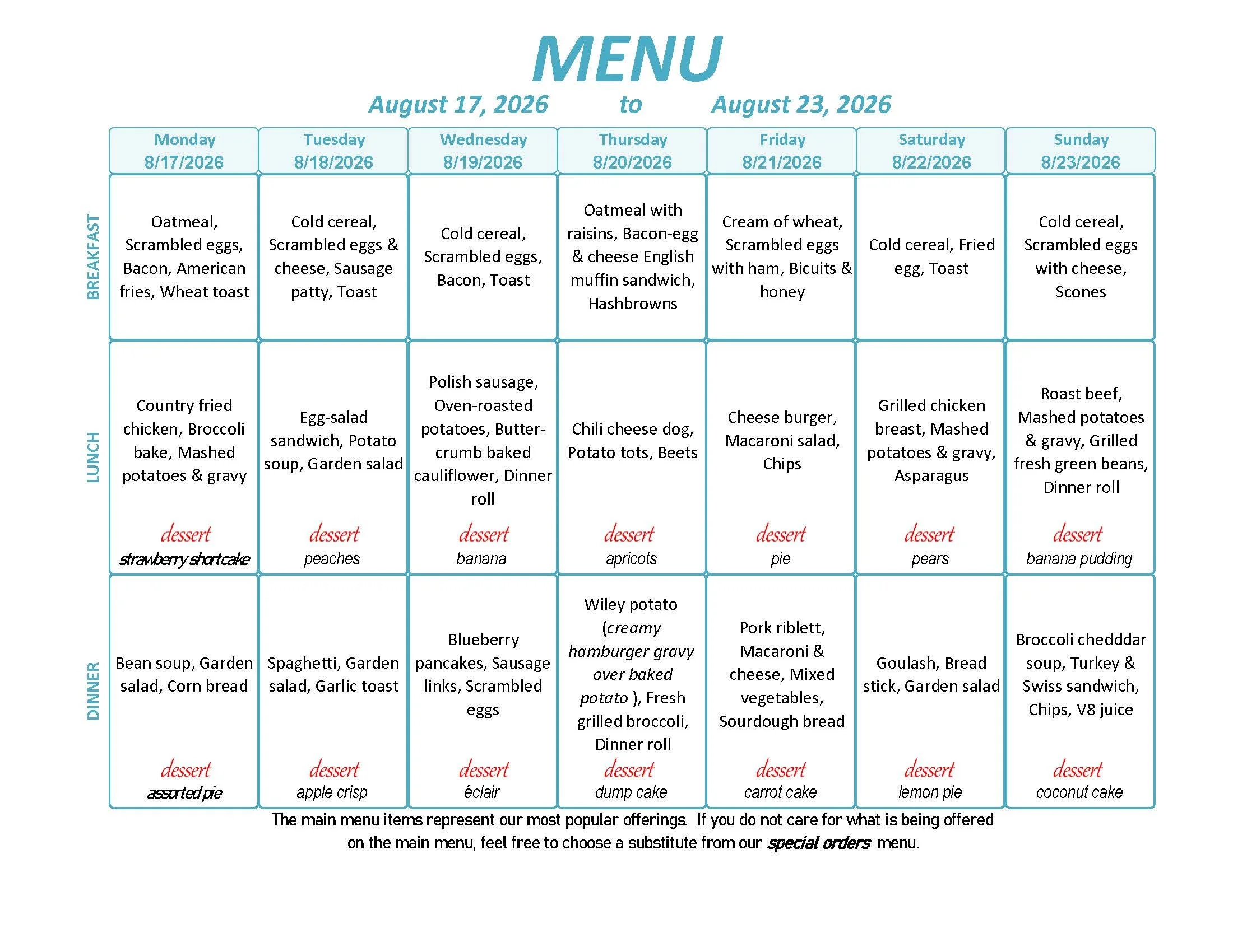Menu: August 17 - 23