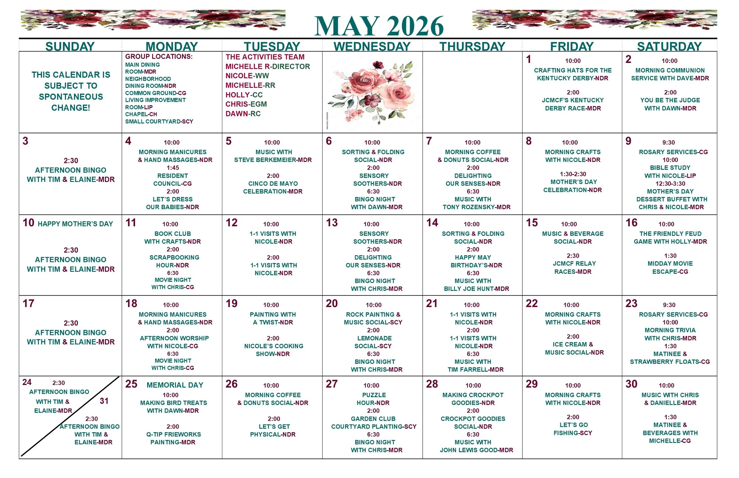 May 2026: Calendar for our Residents of Whispering Willows