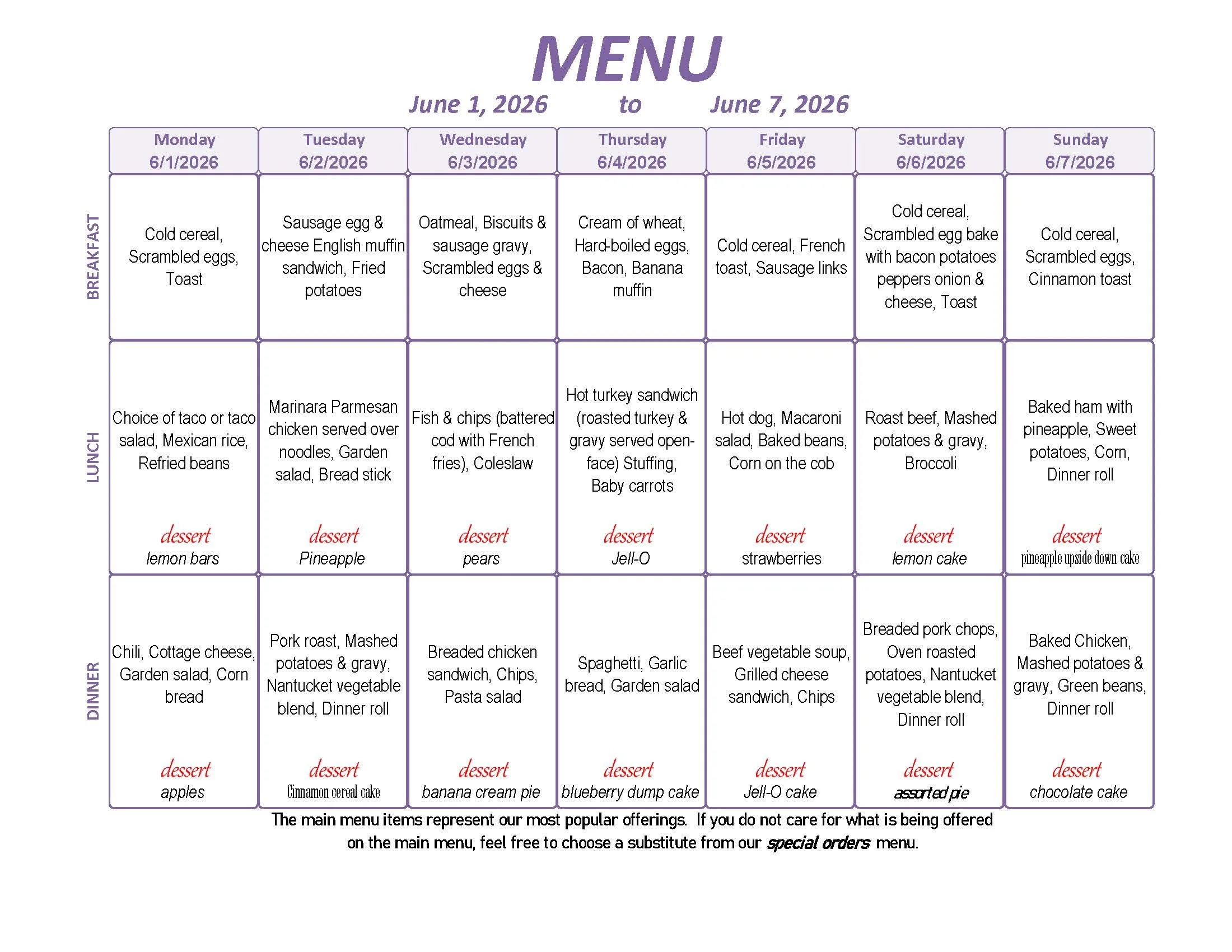 Menu: June 1 - 6, 2026