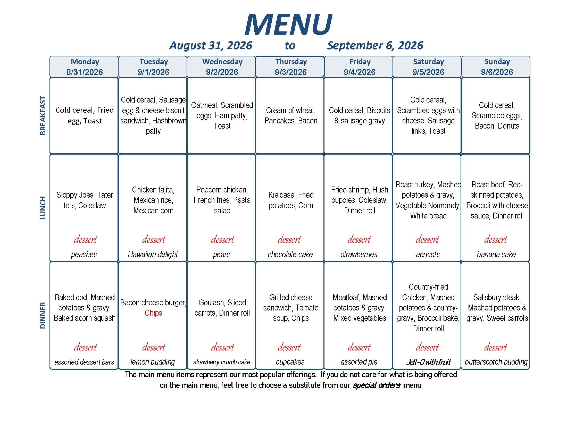 Menu: August 31 - September 6