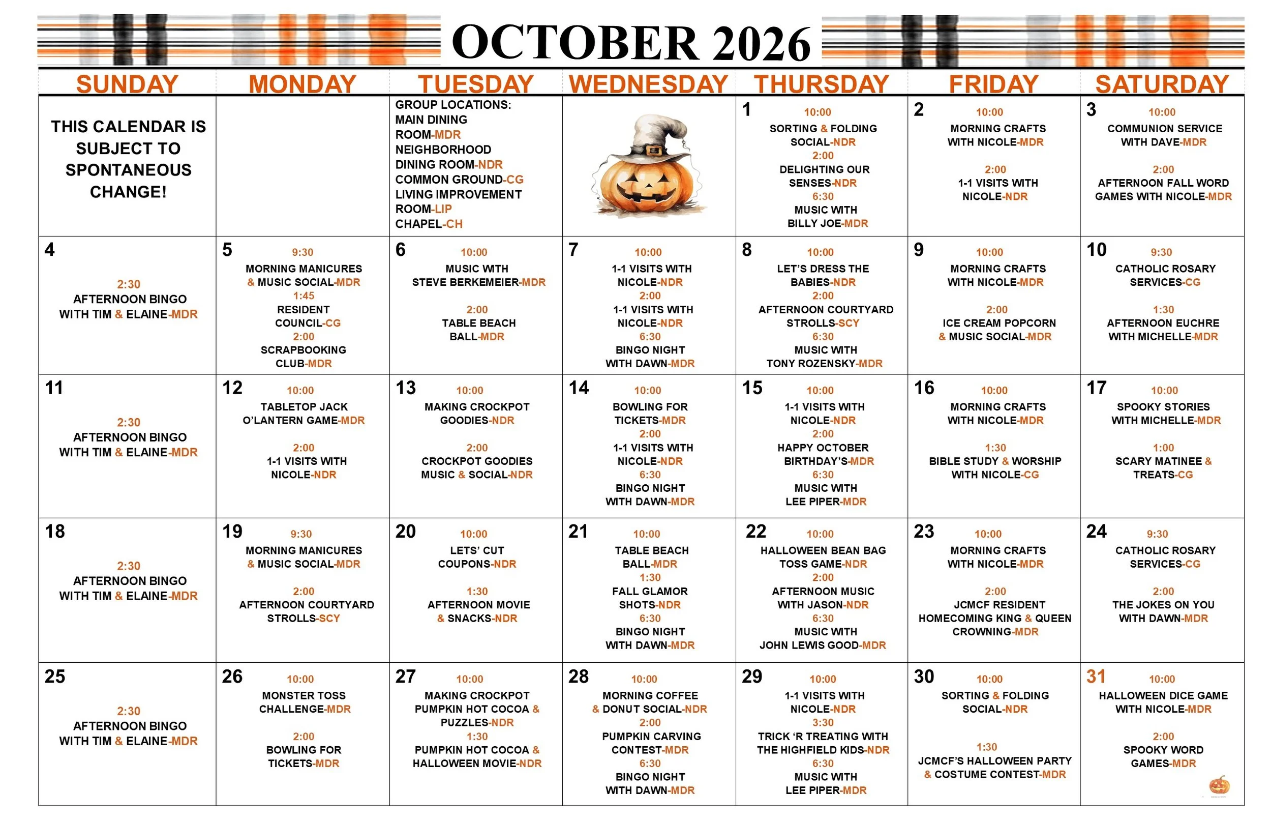 October 2026: Calendar for our Residents of Whispering Willows
