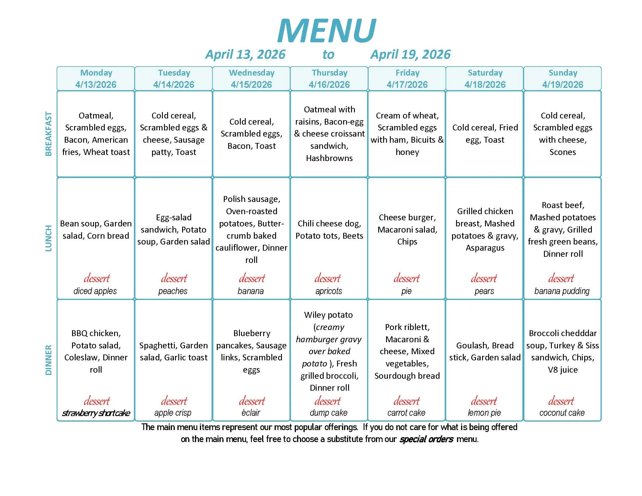 Menu: April 13 - 19