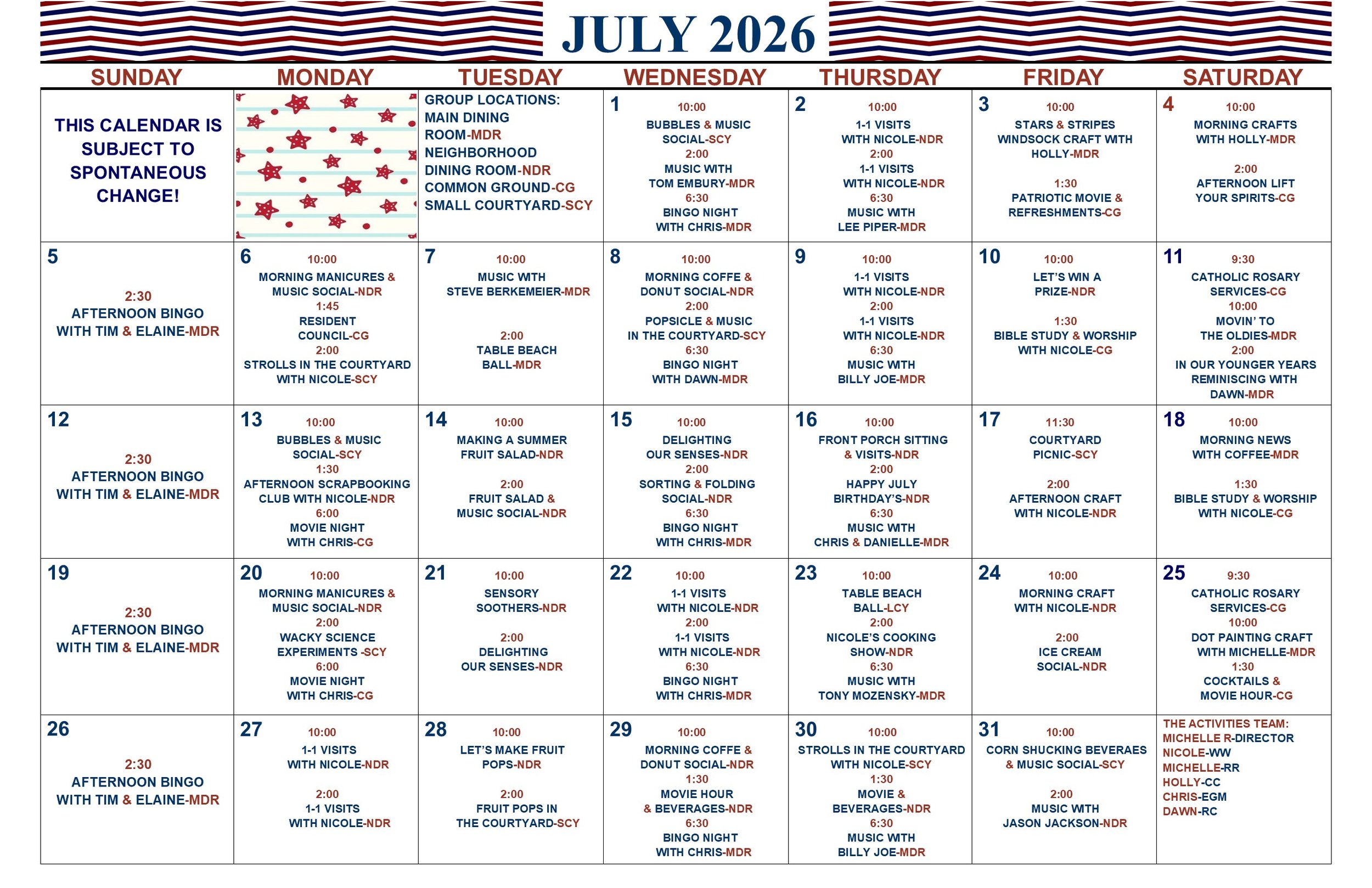 July 2026: Calendar for our Residents of Whispering Willows