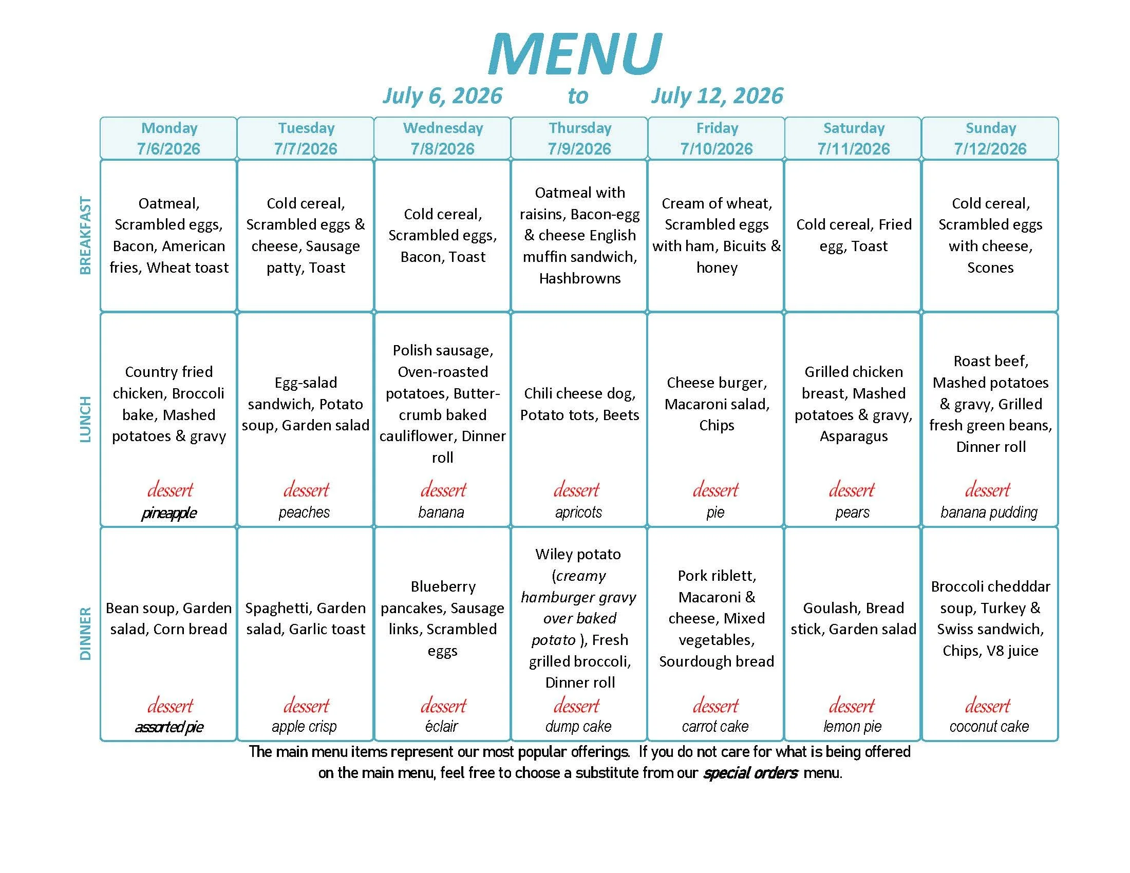 Menu: July 6 - 12