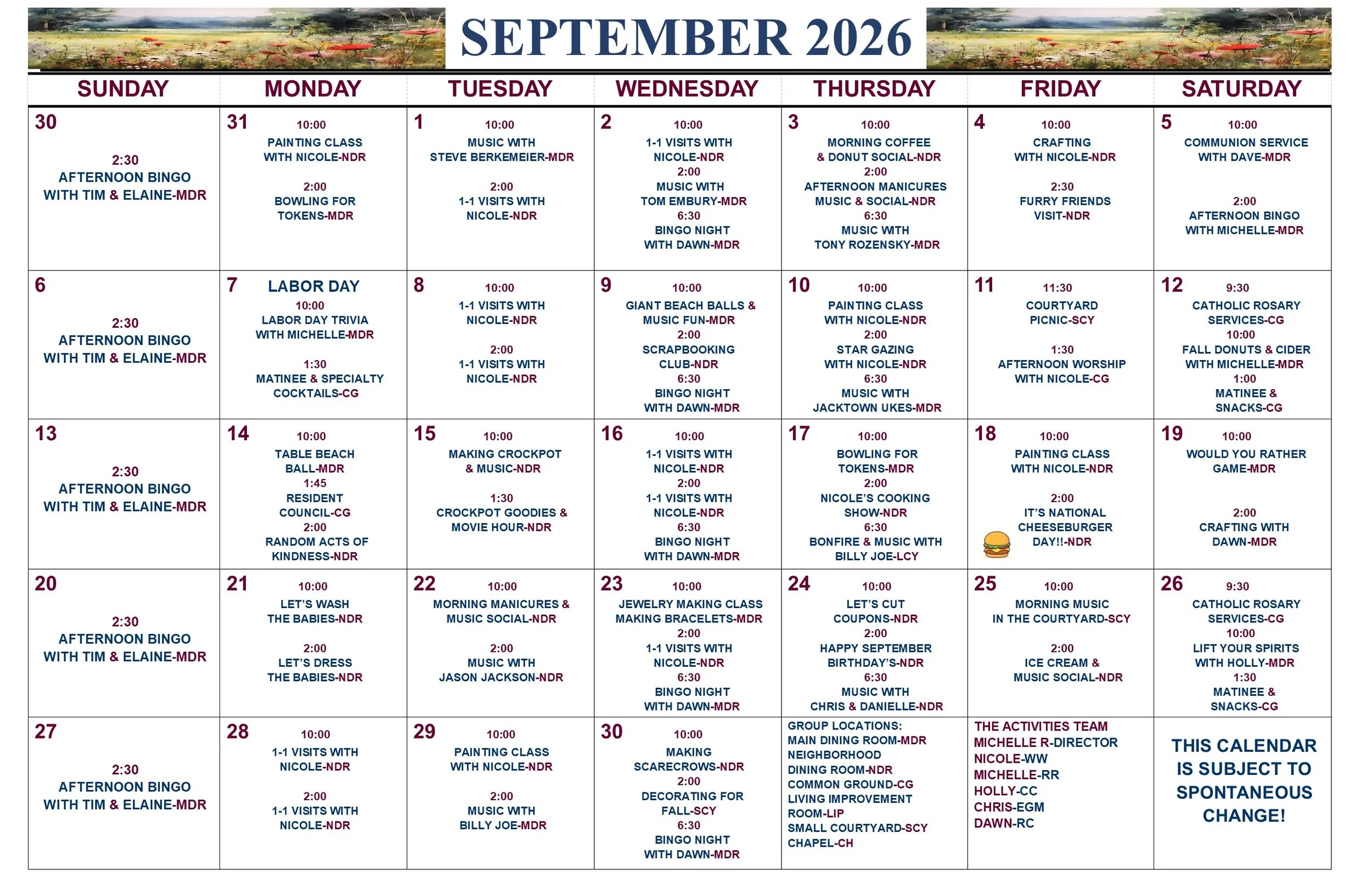 September 2026: Calendar for our Residents of Whispering Willows