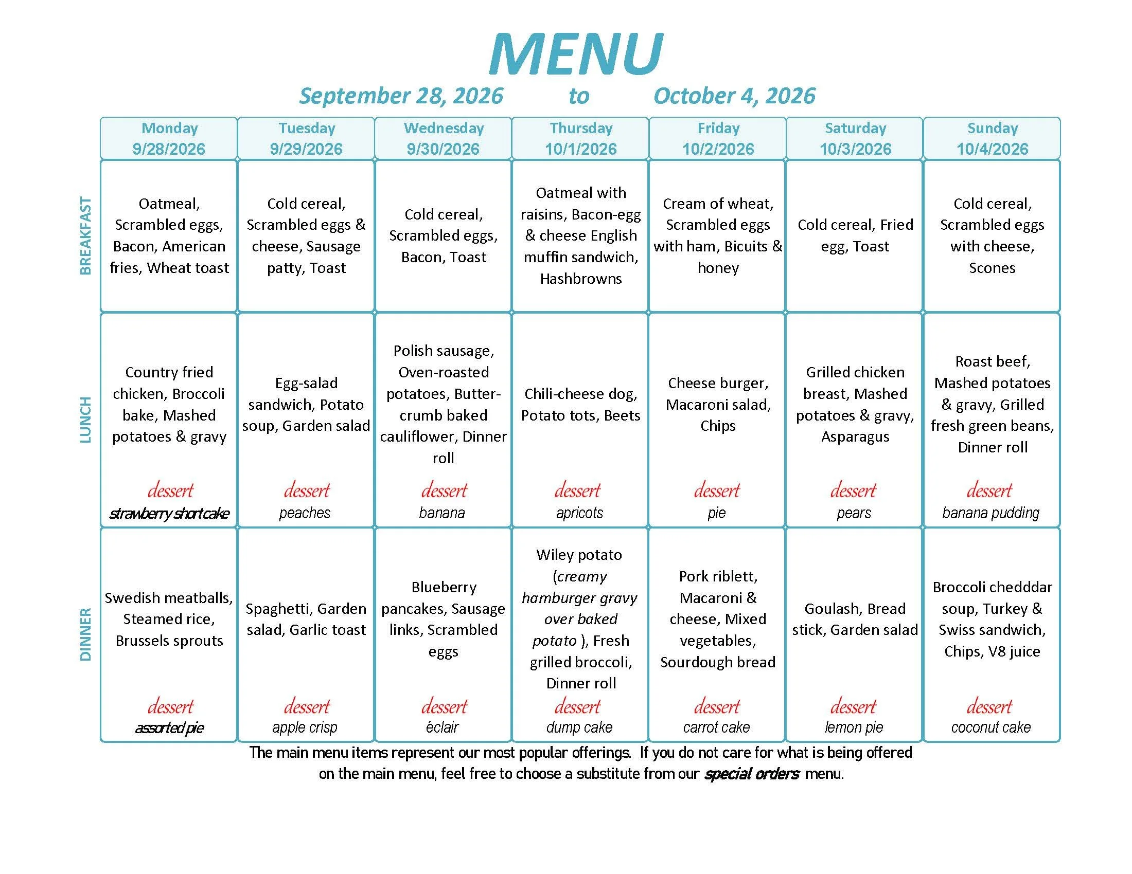Menu: September 28 - October 4