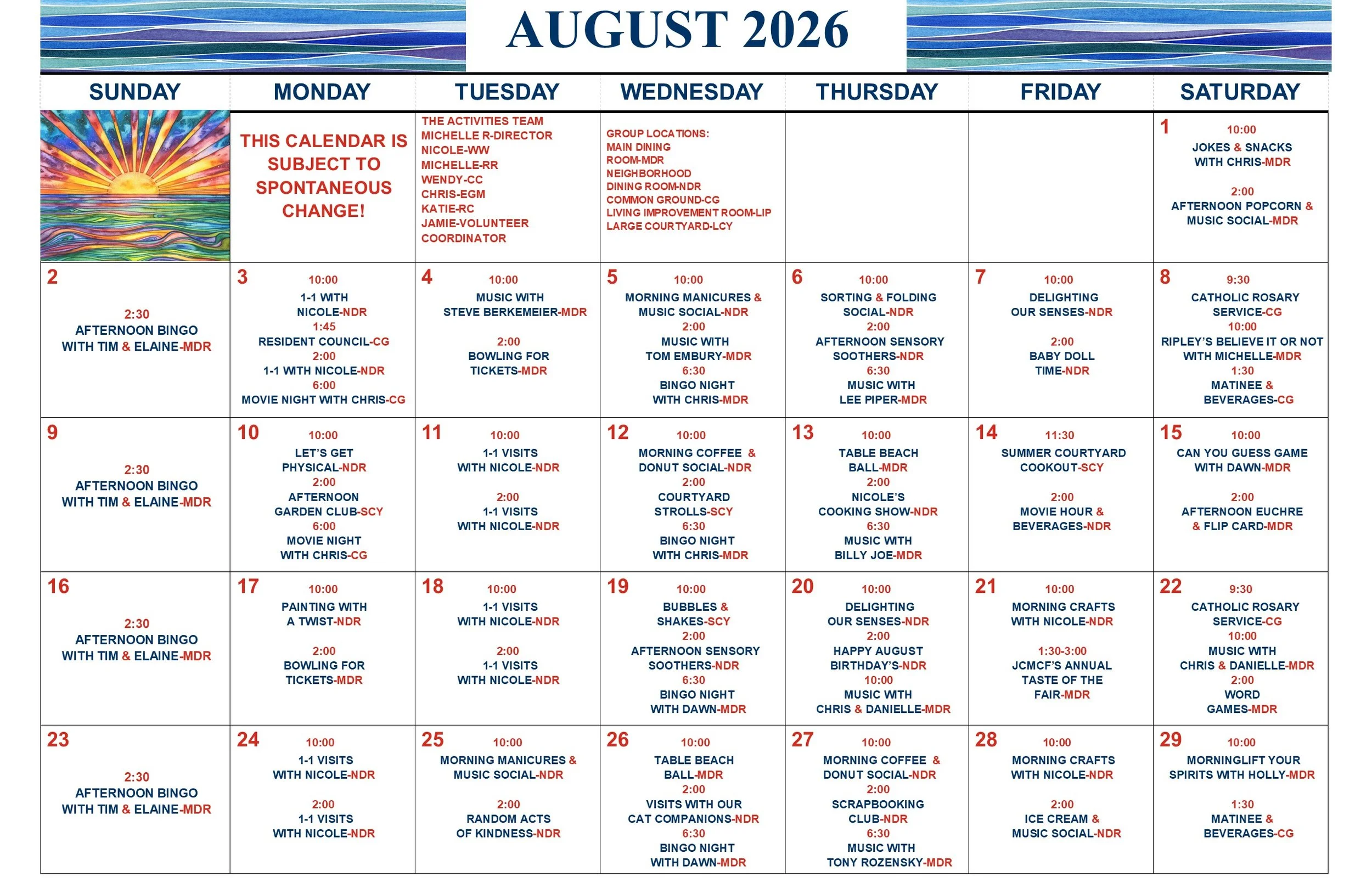 August 2026: Calendar for our Residents of Whispering Willows