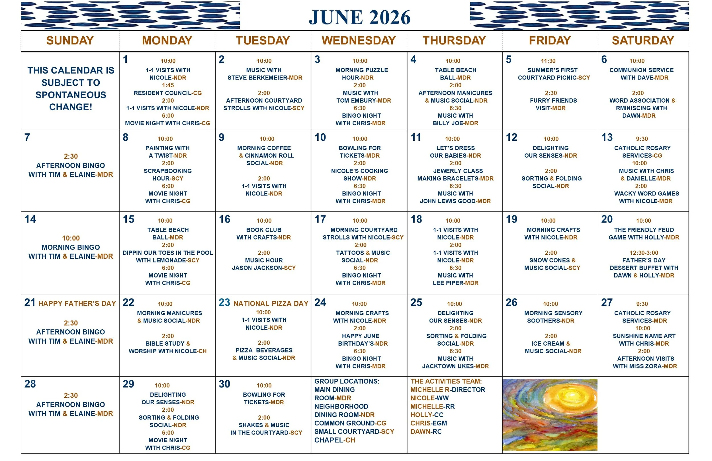June 2026: Calendar for our Residents of Whispering Willows