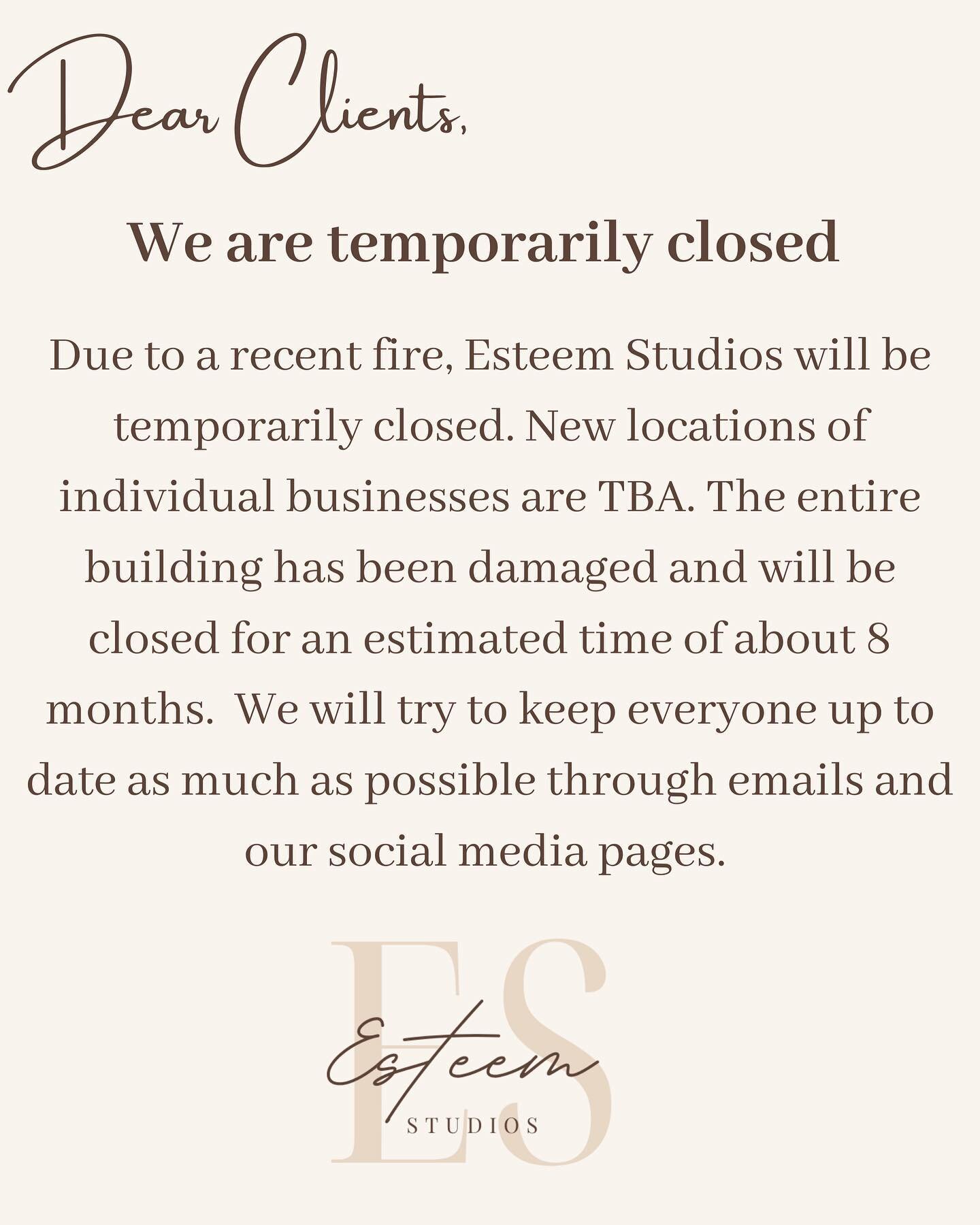It&rsquo;s with a heavy heart that I announce the temporary closure of Esteem Studios 💔

On Tuesday morning when I went to work and unlocked the front door, smoke came pouring out. We called the fire department and they discovered there was a fire i