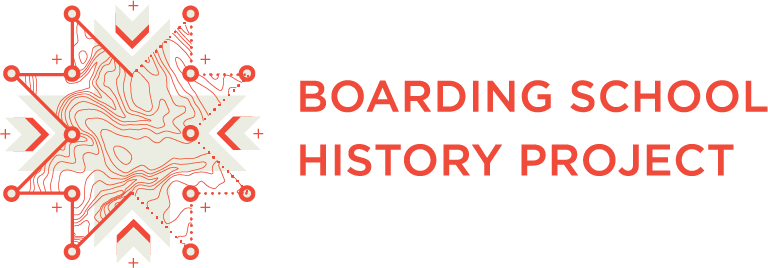 Logo with the words Boarding School History Project. Logo image is an 8-pointed morning star. Topographic lines inside the star and map-style points around the edge represent the project's mapping and archives data focus
