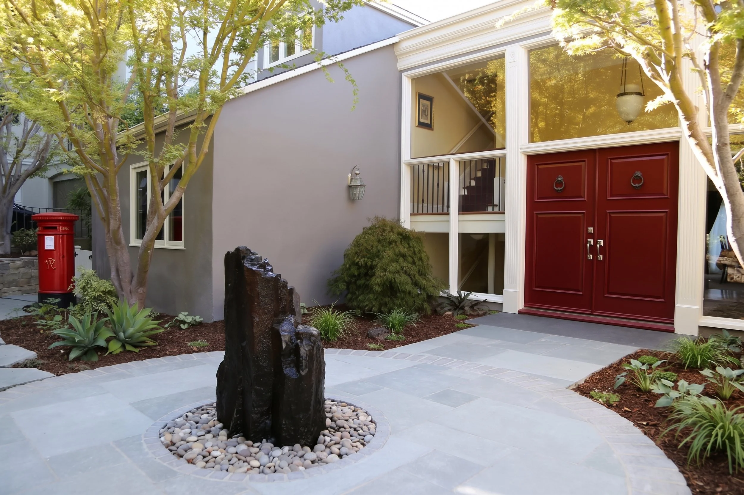 Courtyard with a standing stone in a circle of paving and red double doors.
