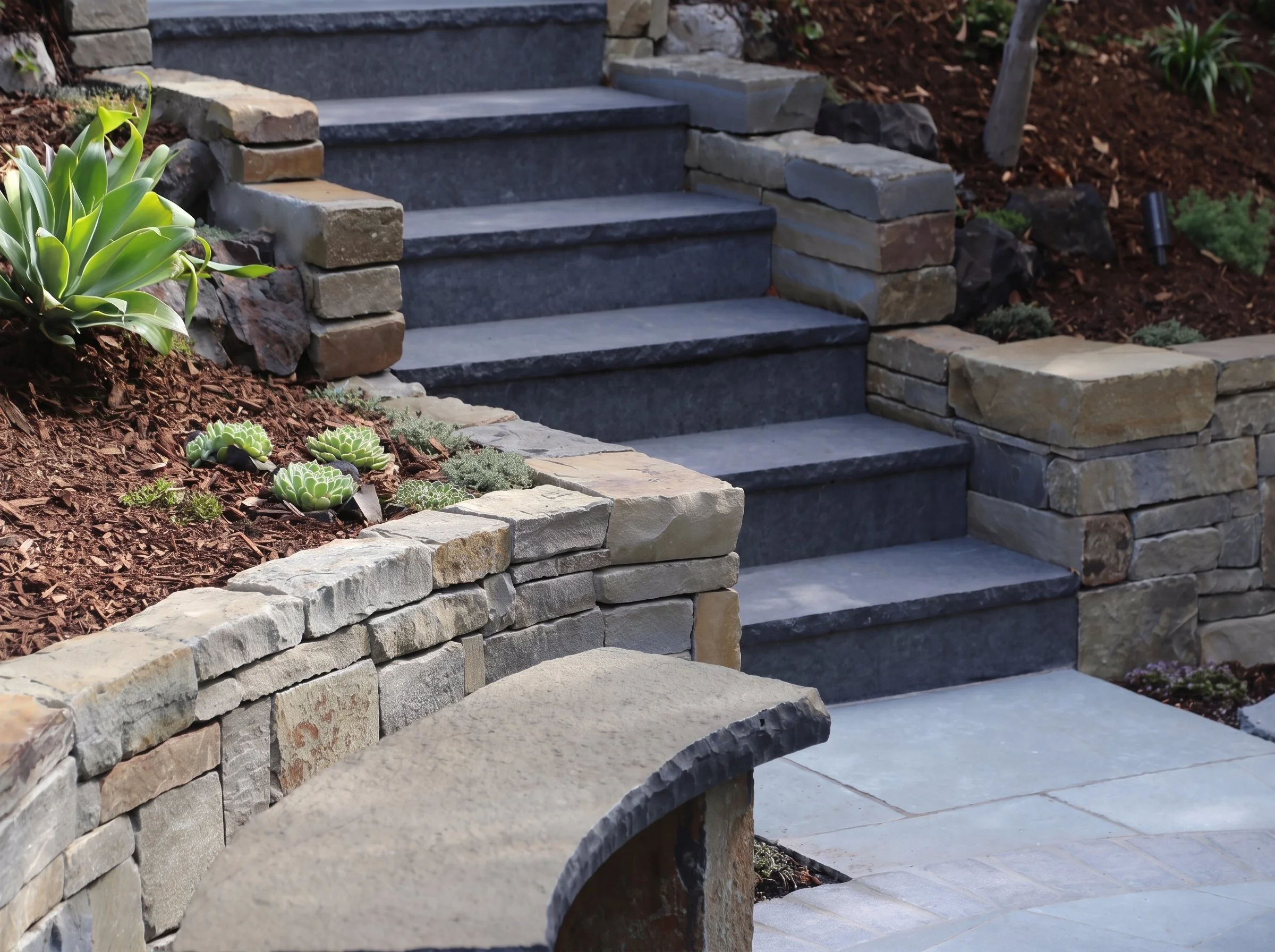 Bluestone steps between dry-stacked stone walls.